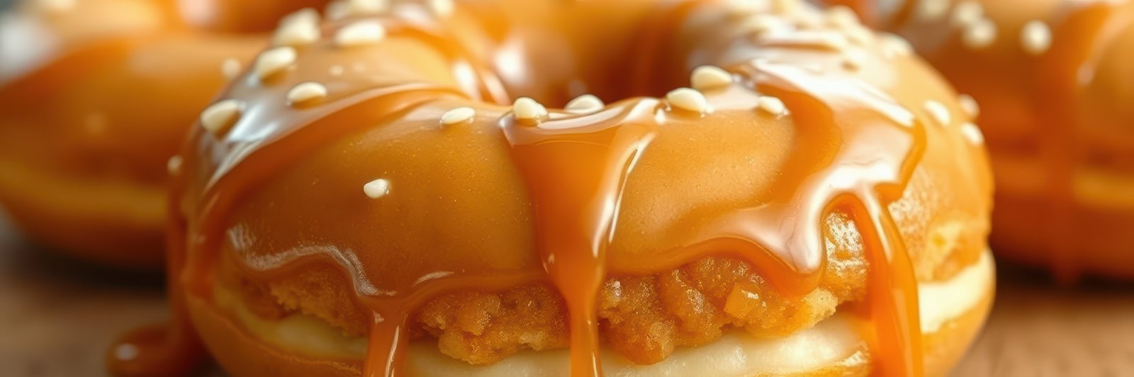 Delicious caramel glazed donuts topped with sesame seeds, perfect for dessert or breakfast at any time of day